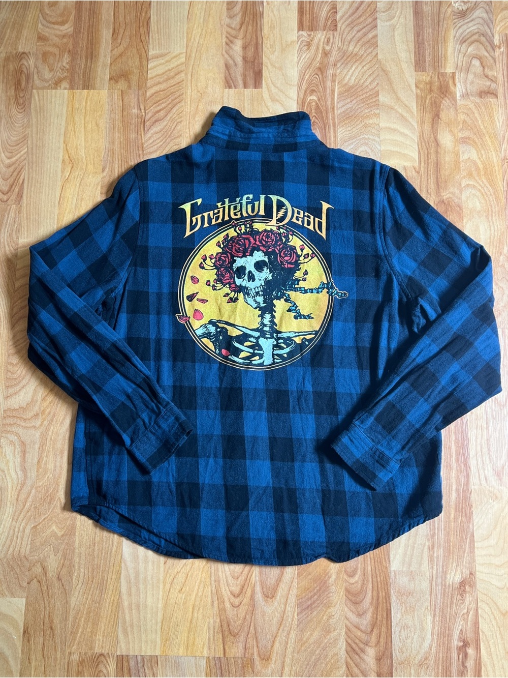 Grateful Dead Blue & Black Buffalo Plaid Flannel with Back Bertha Roses Skull 🌹